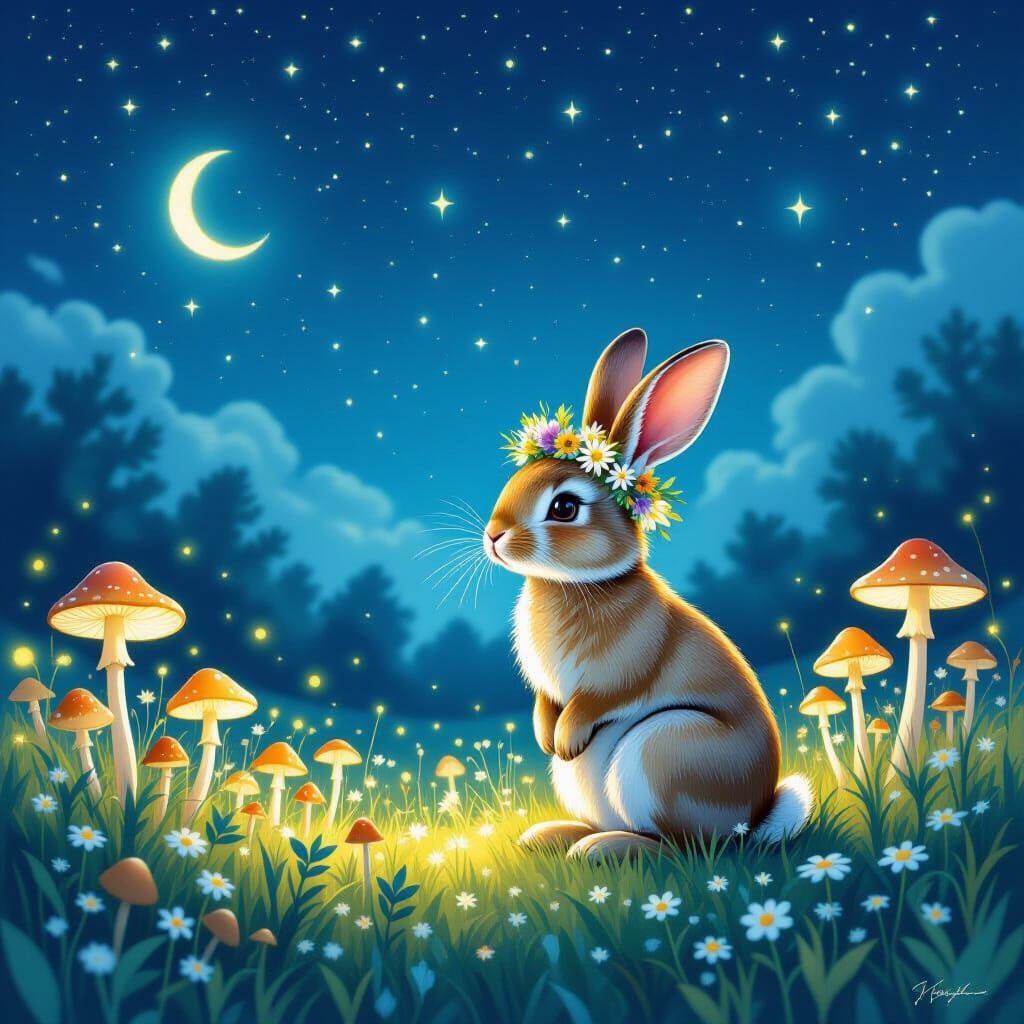 Whimsical Rabbit in Mushroom Field Under Starry Sky