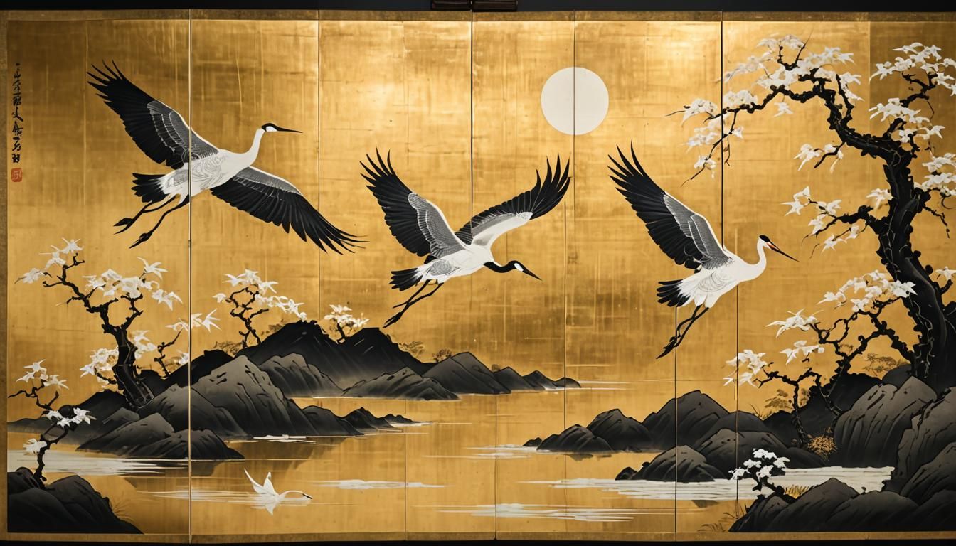 Japanese Lacquer Screen with Cranes in Ukiyo-e Style