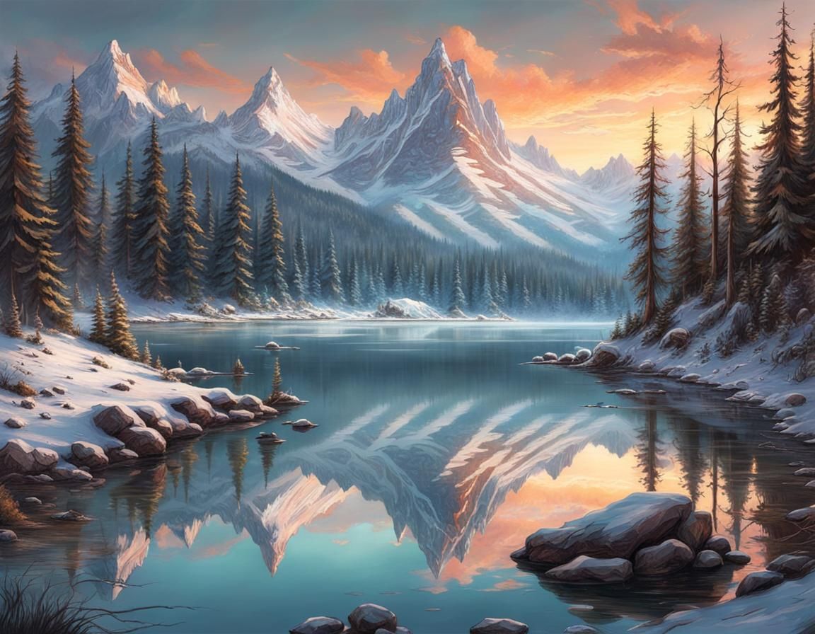 Mountain Lake Reflection in Digital Chalk Art Style