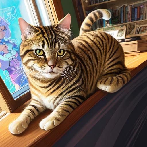 Cute Cat on Windowsill in Comic Book Style