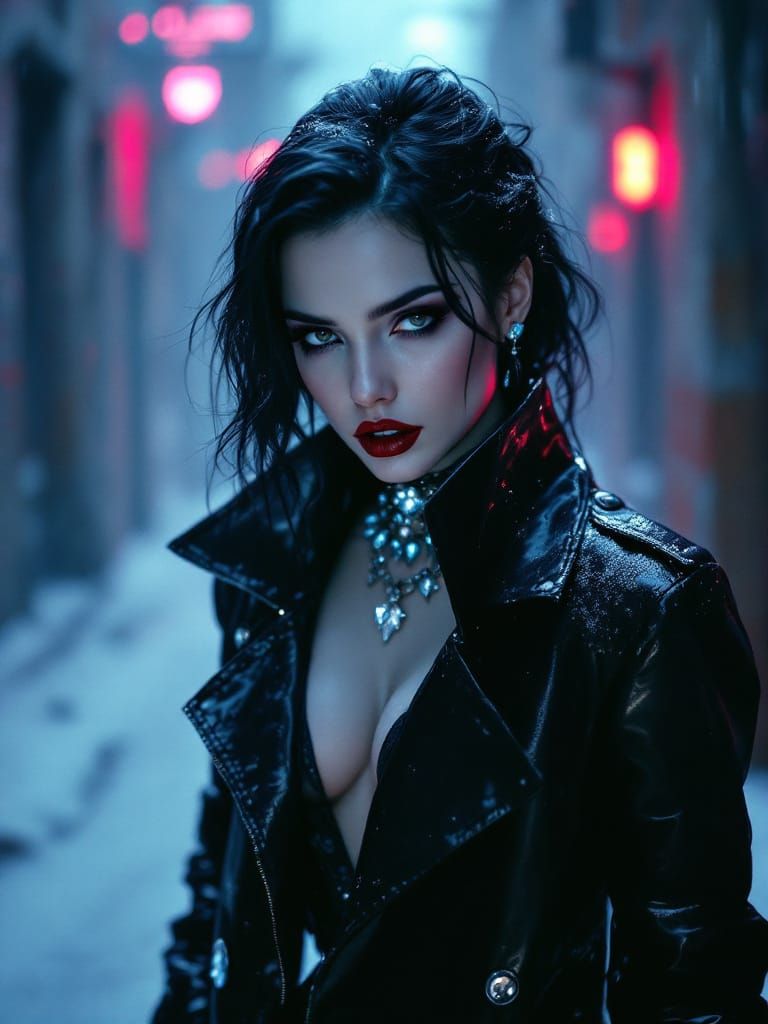 Vampiric Femme Fatale in Neon Noir Alley