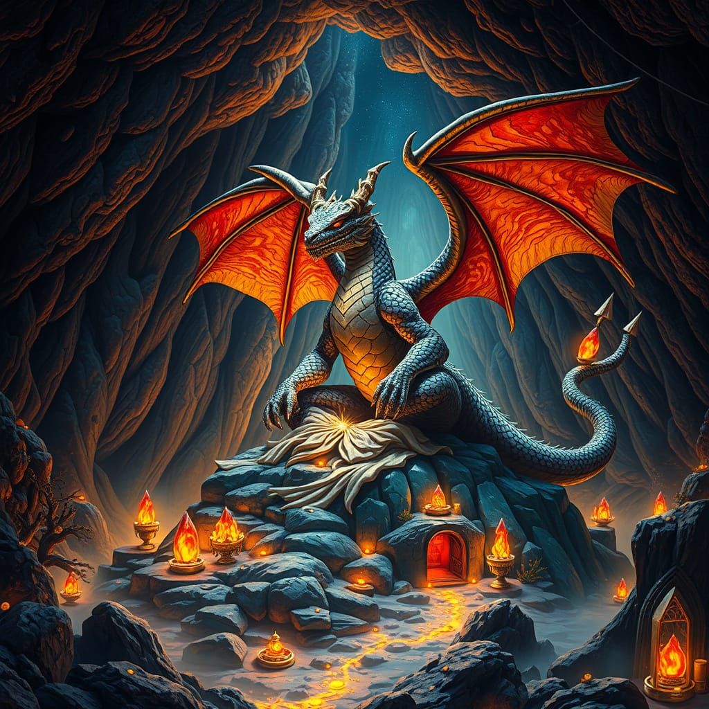 Dragon Meditates Atop Gold, Hyperrealistic Fantasy Art