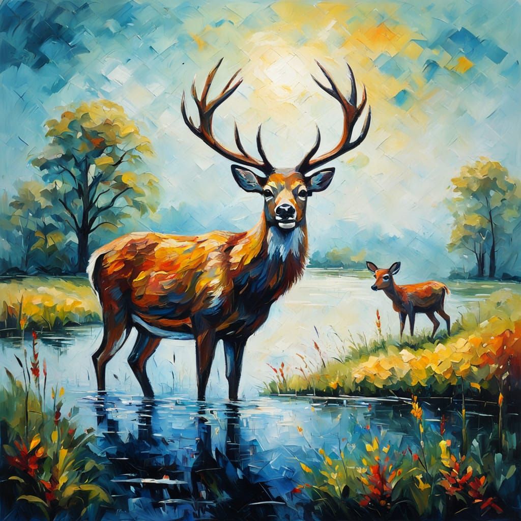 Deer in a Turner-Inspired Neo-Impressionist Landscape