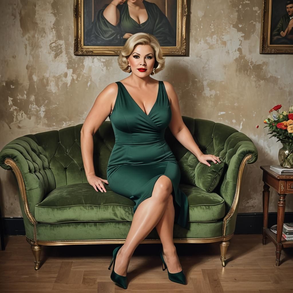 Blonde Woman in Green Dress in Apartment