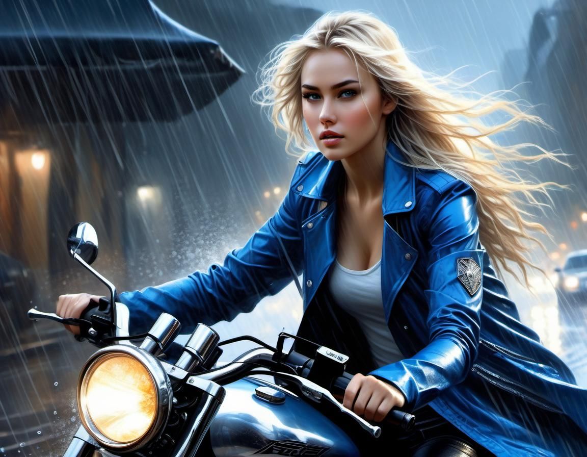 Woman on Motorcycle in Rain, Hyperrealistic Digital Art