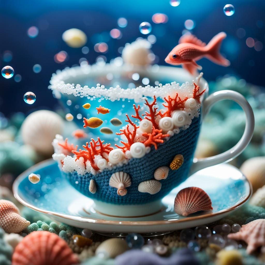 Knitted Art: Tiny Fish in Overflowing Teacup