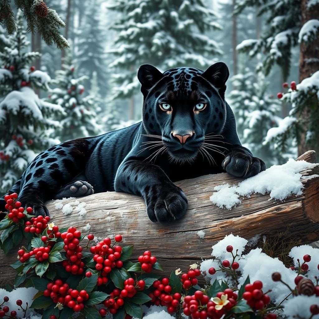 Regal Black Jaguar in Winter Wonderland Scene