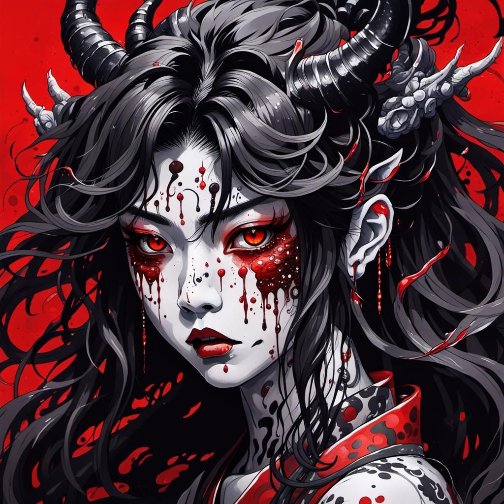 Anime Portrait of a Japanese Demon in Ink and Oil