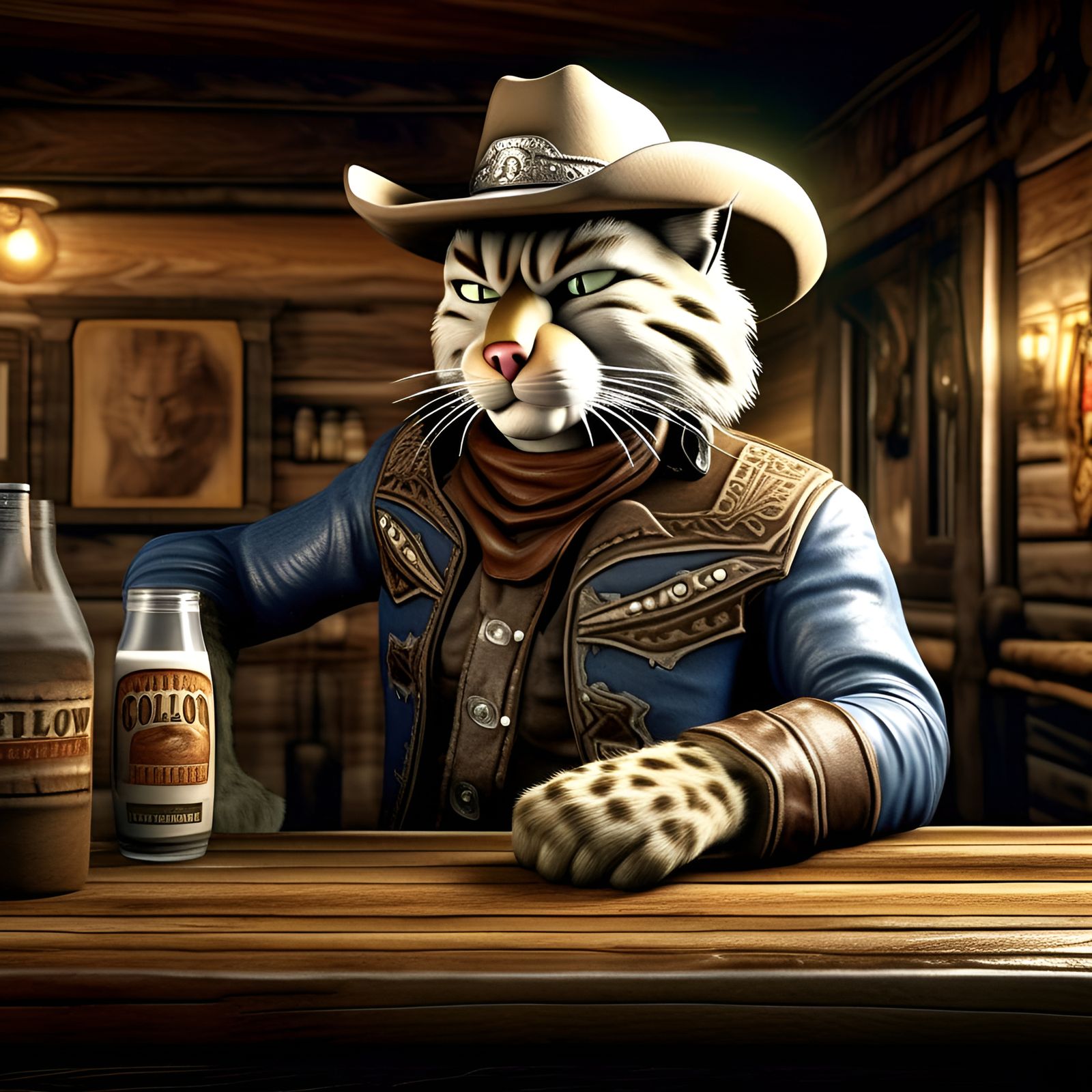 Wildcat Cowboy in Western Saloon, Photorealistic CGI