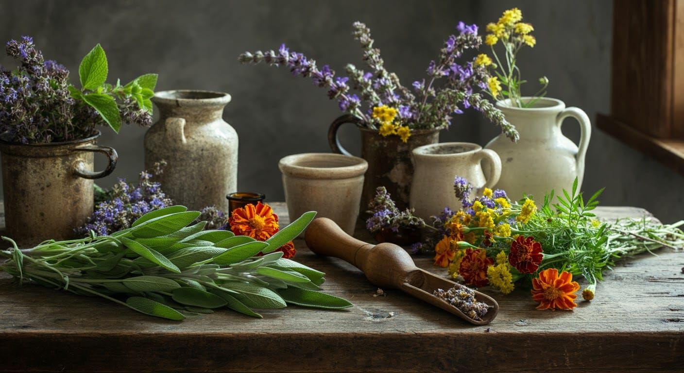 Rustic Apothecary Table with Herbs and Flowers