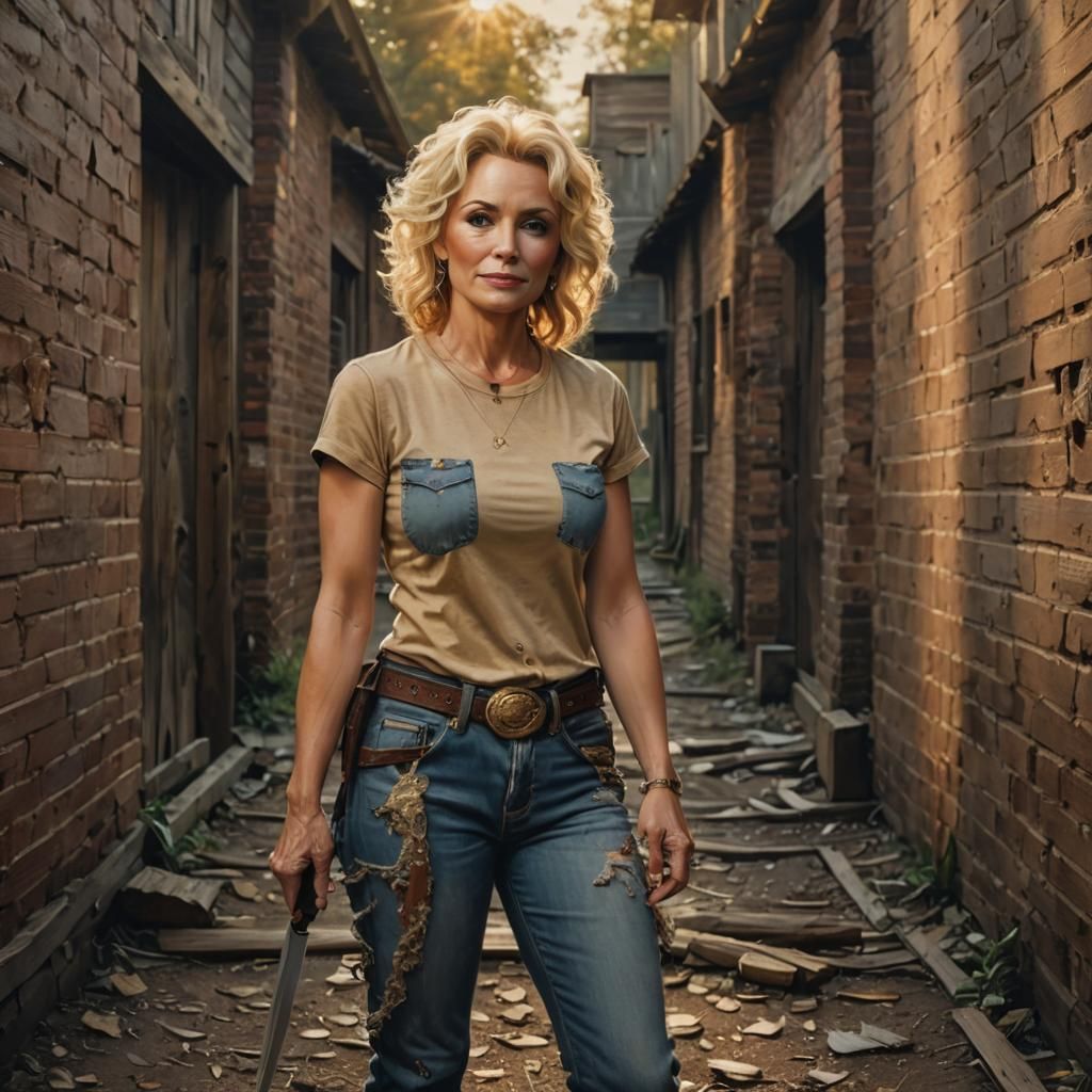Country Woman with Knife in Dolly Parton Style
