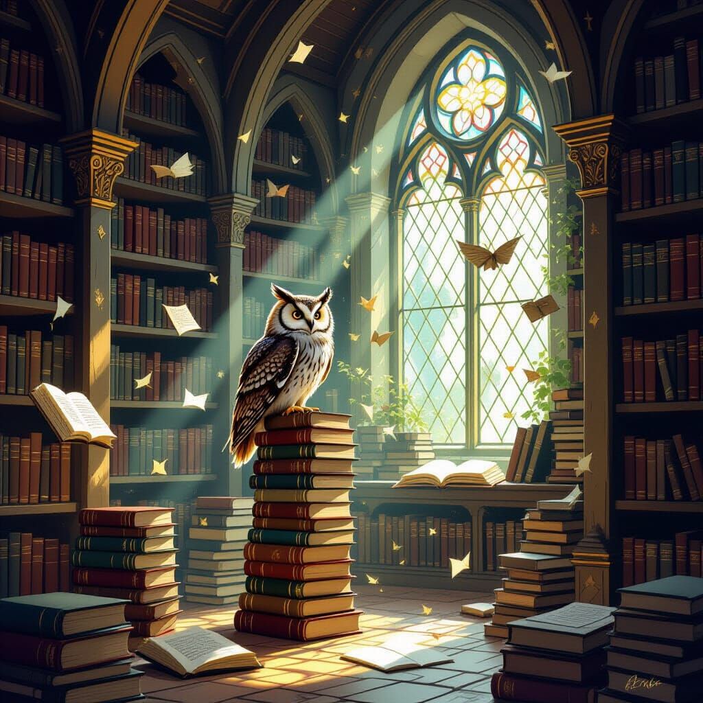 Enchanted Library with Floating Books & Owl