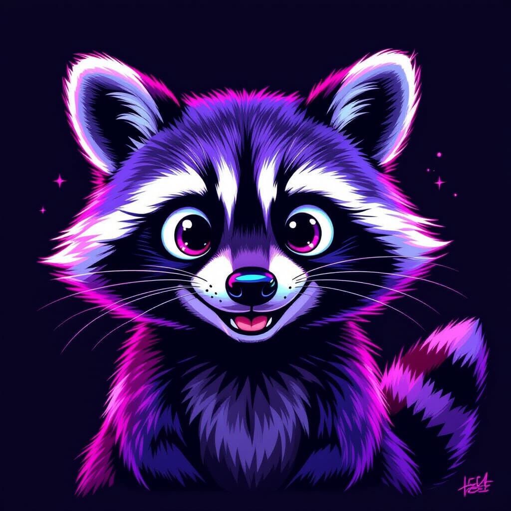 Neon Purple Raccoon Charcoal Sketch in Cartoon Style