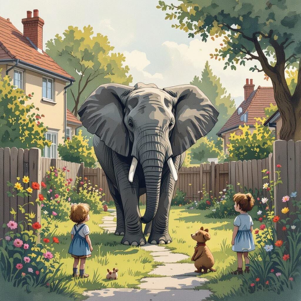 Elephant in Garden, Simon Stalenhag Style
