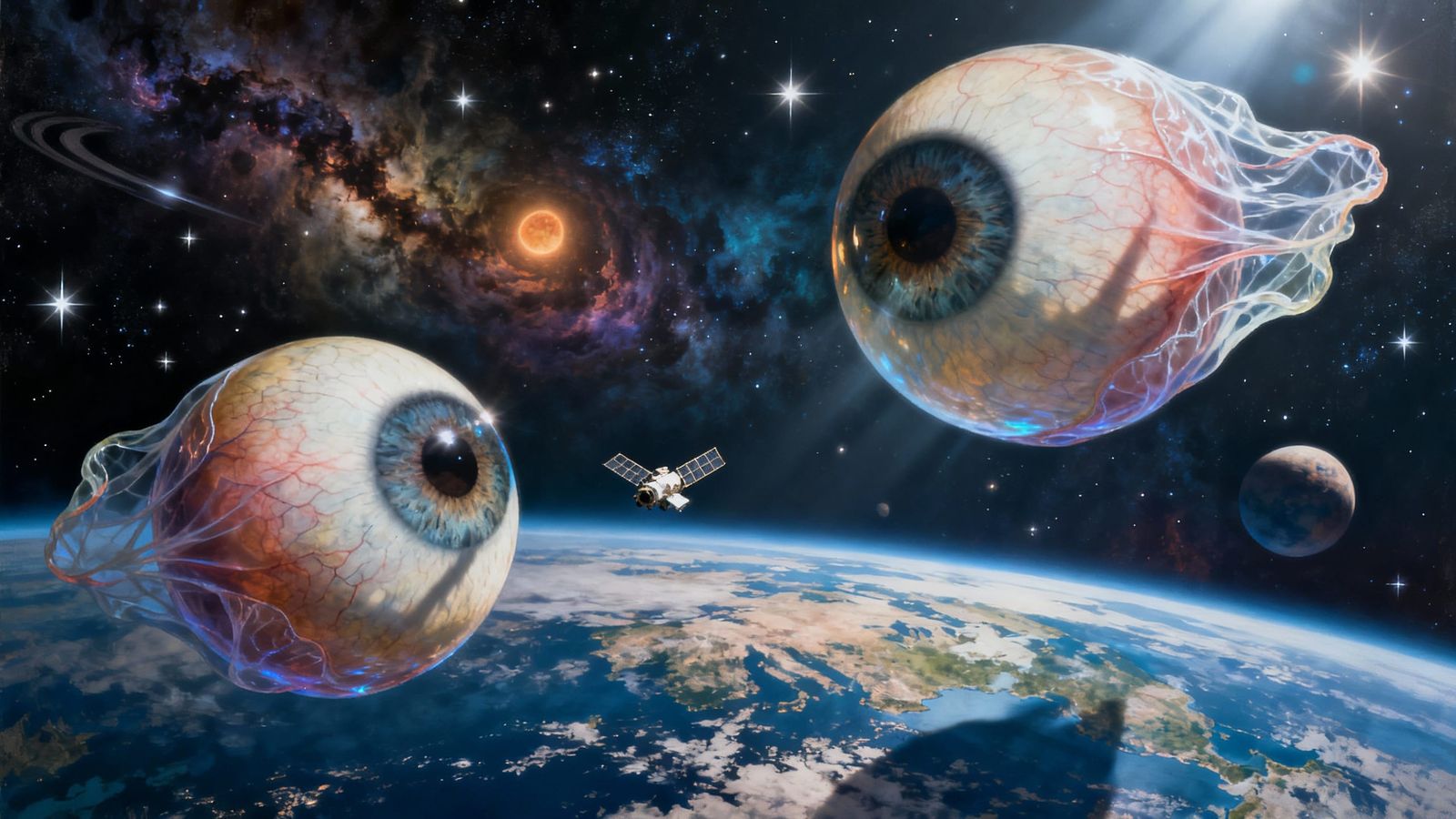 Cosmic Eyeballs Staring at Earth in Surreal Digital Art