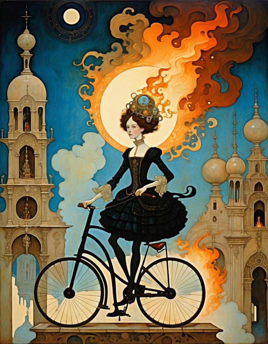 Mechanical Oracle in Burning Cathedral, Surrealist Fantasy