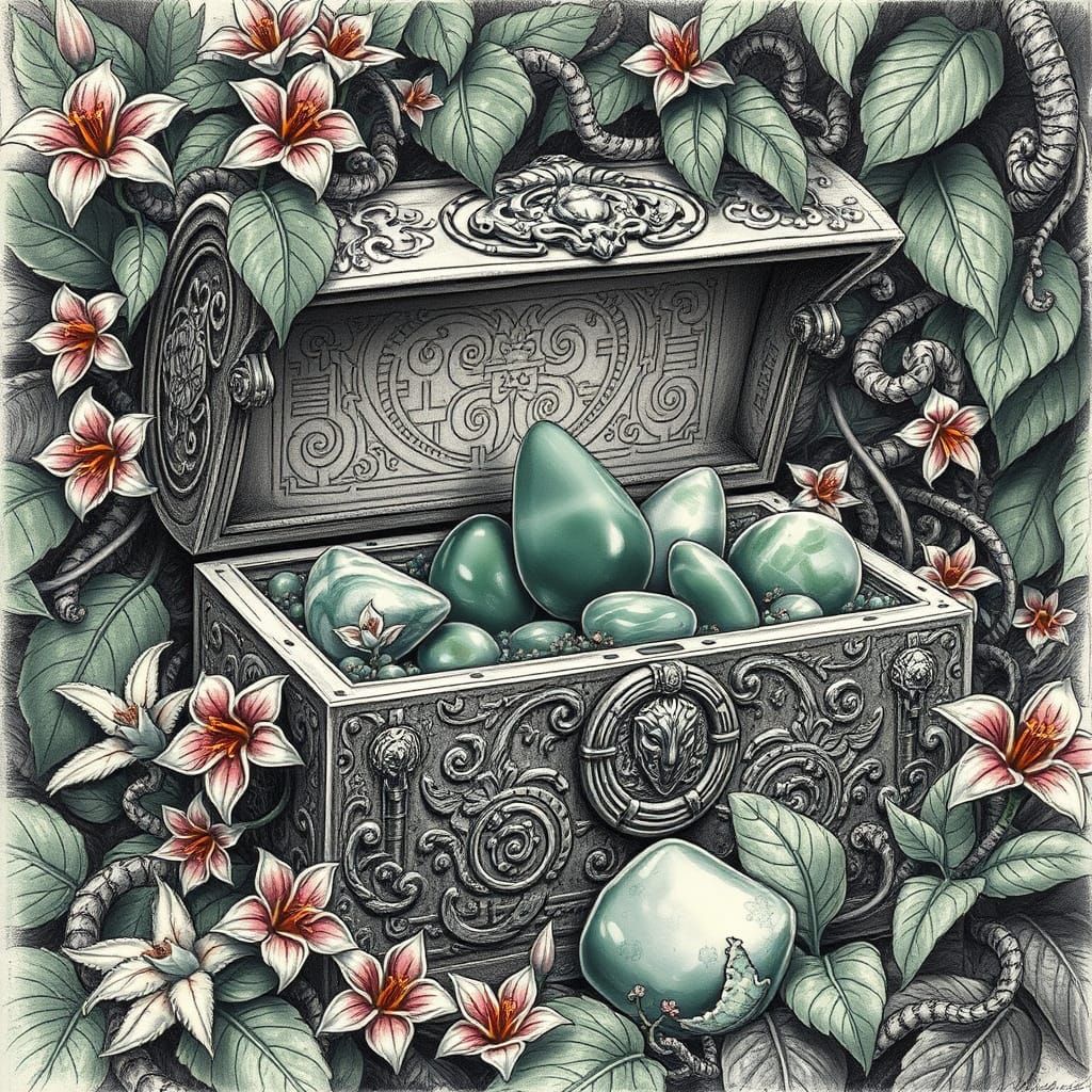 Jade Treasure Chest in Expressive Charcoal Style