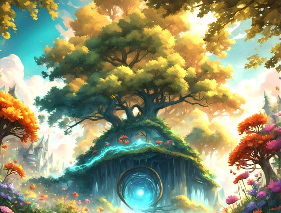 Whimsical Girl and Puppy in a Vibrant Meadow