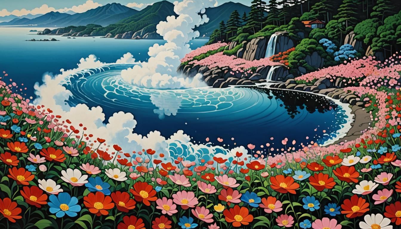 Steaming Water with Floating Petals: Magic Realism Painting