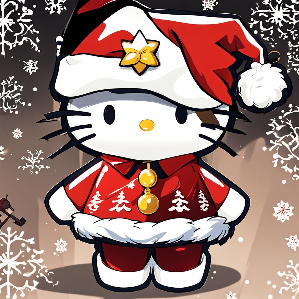 Very cute Hello Kitty wearing a Santa hat and red Santa dress, anime