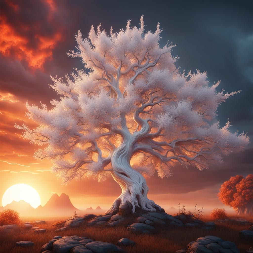 Sunset Behind White Tree: Matte Painting