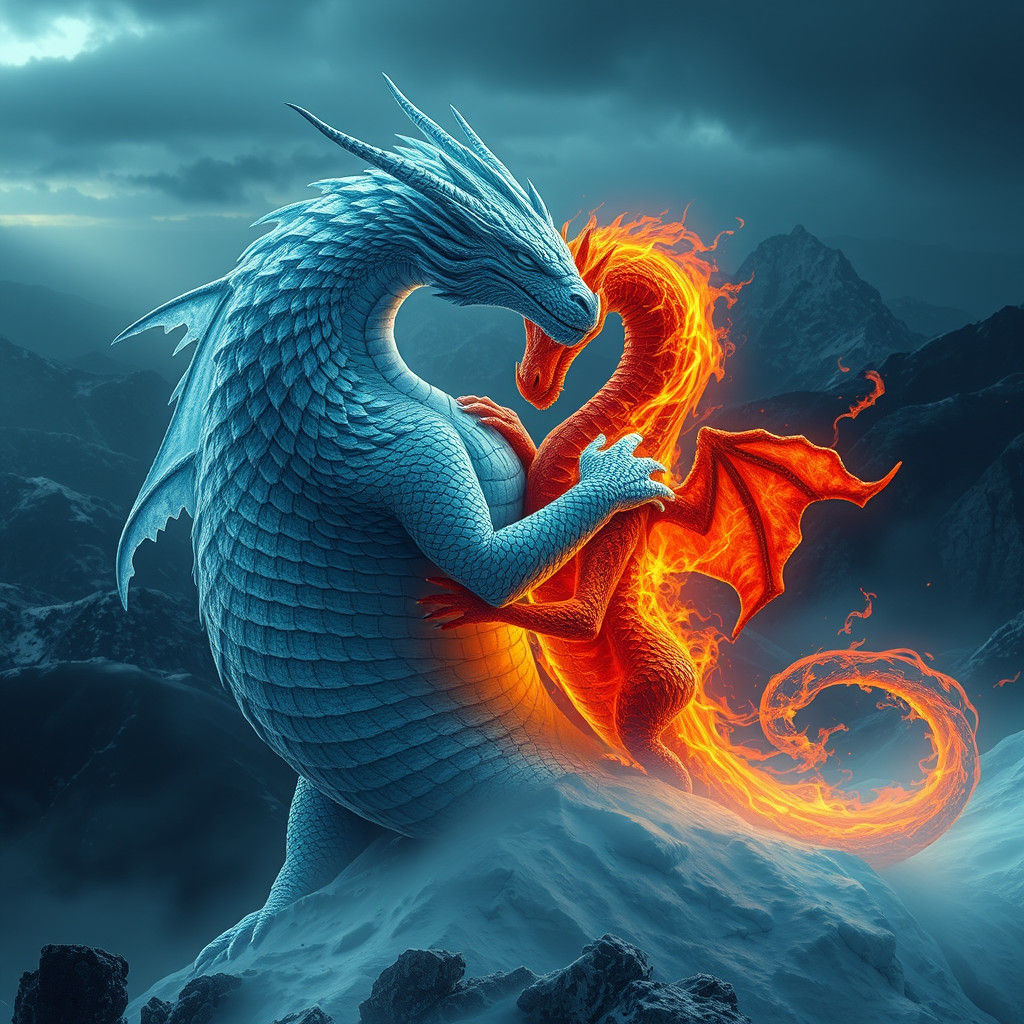 Majestic Ice Dragon Embraces Fiery Dragon