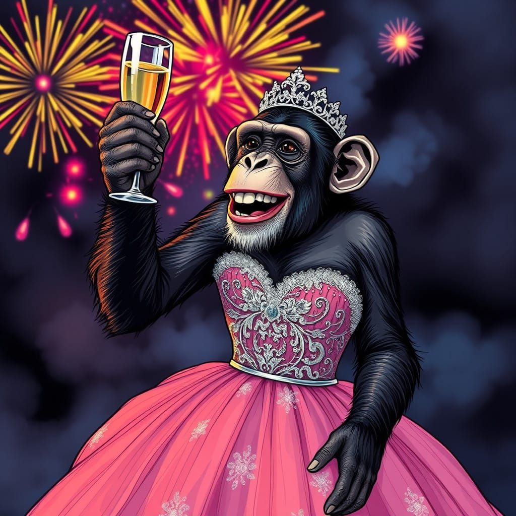 Chimpanzee in Lavish Ball Gown Raises Champagne in a Colorfu...