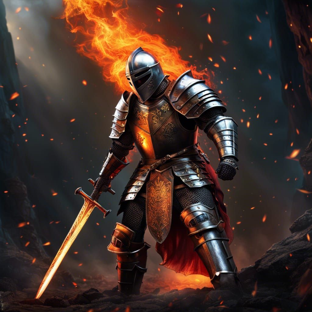 Hyperrealistic Knight Walking Through Fire