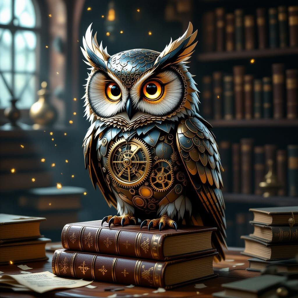Whimsical Clockwork Owl on Books