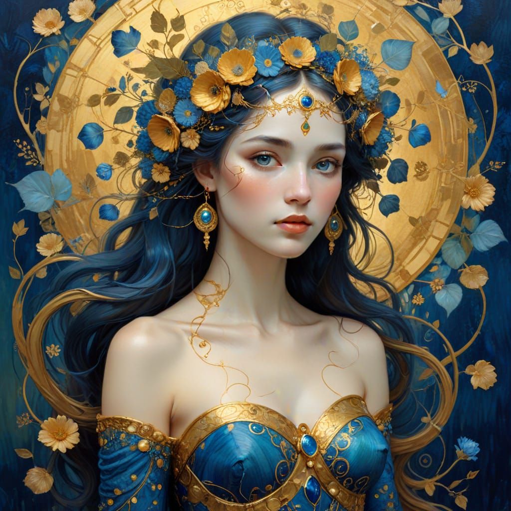 Ethereal Nature Goddess in Klimt-Inspired Gold and Azure