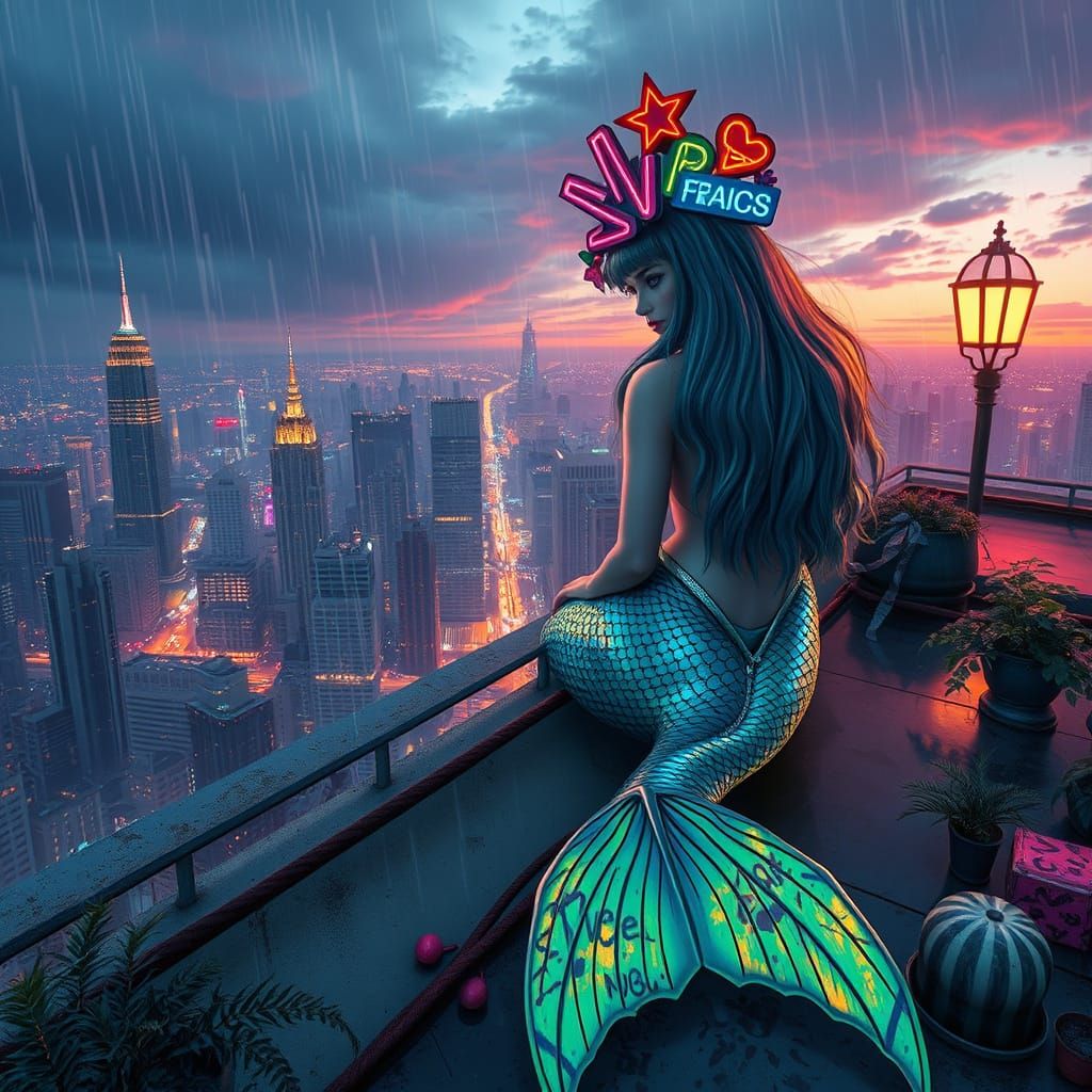 Mermaid in Neon City Garden at Twilight