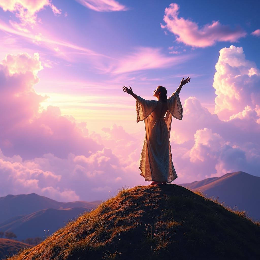 Ethereal Worshiper Ascends to the Heavens in Vibrant, Dreaml...