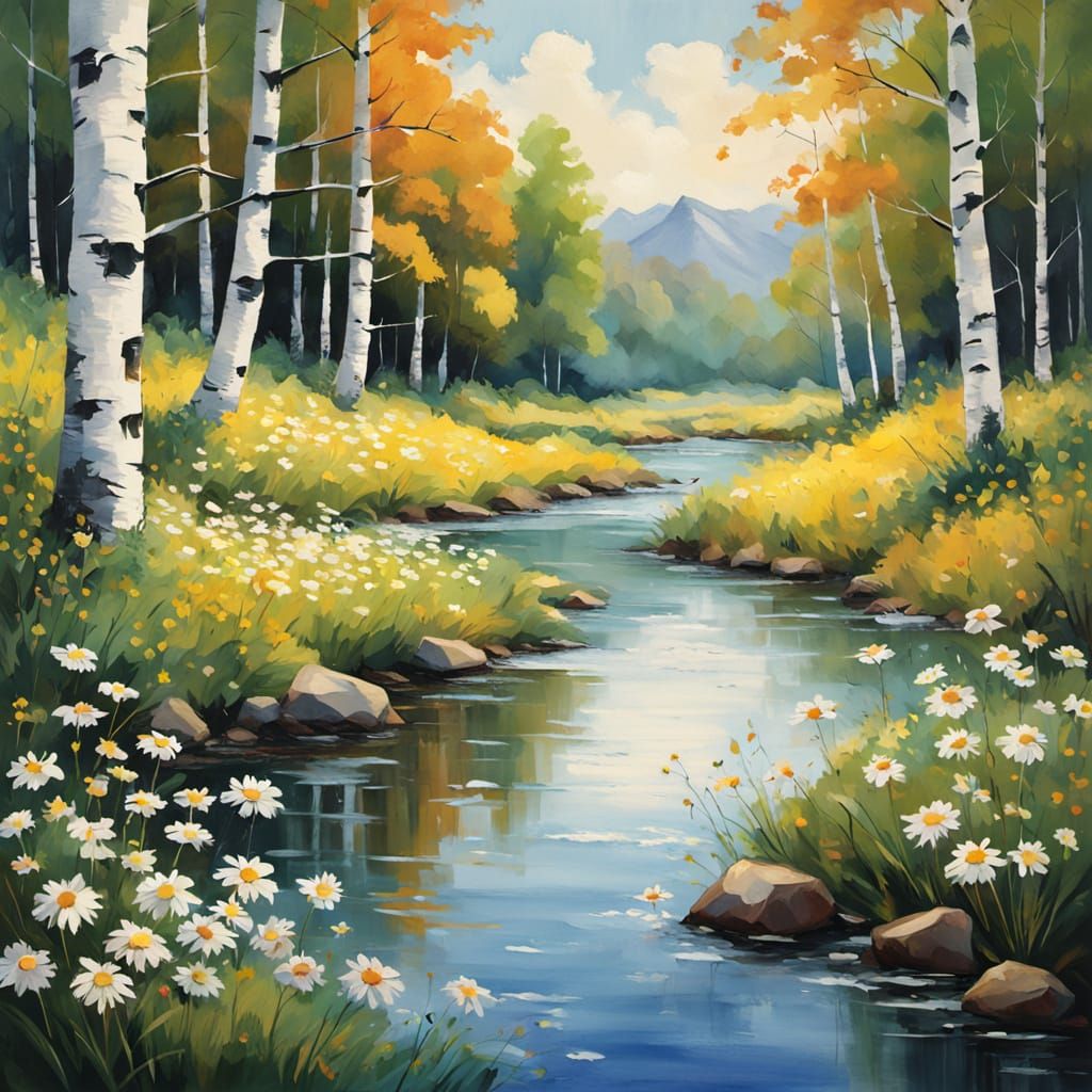 Dreamy Impressionist Landscape with Daisies and Birch Trees