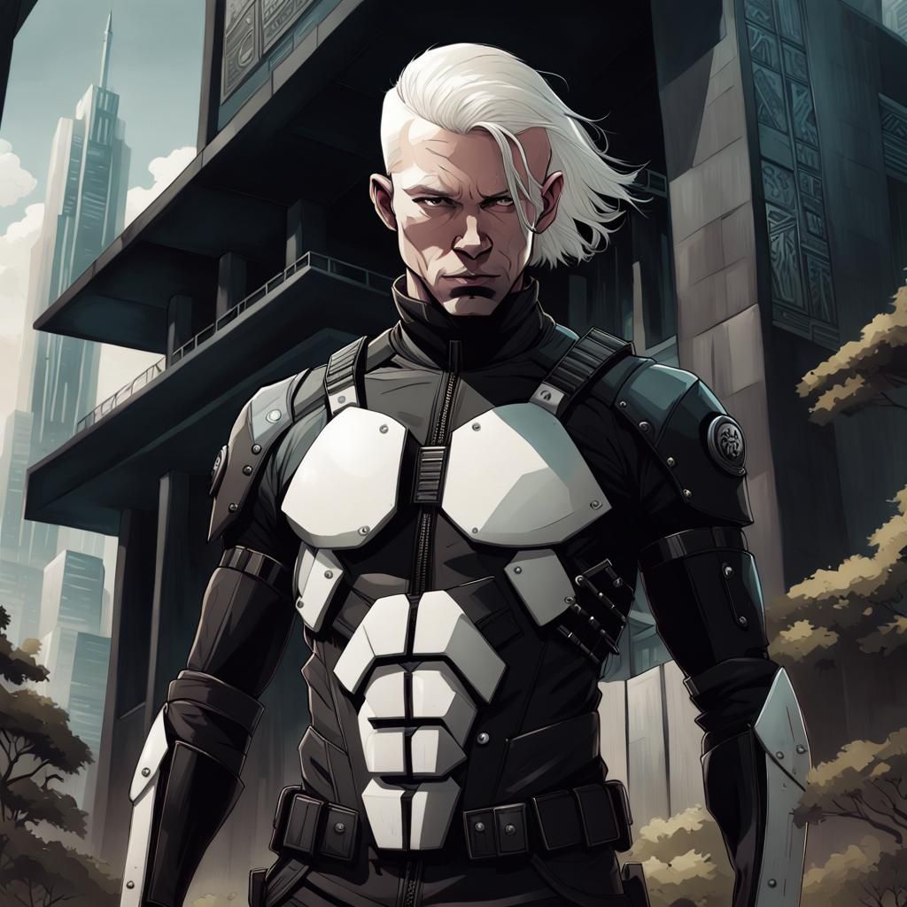 Cyberpunk Soldier in Utopian City, Noir Art