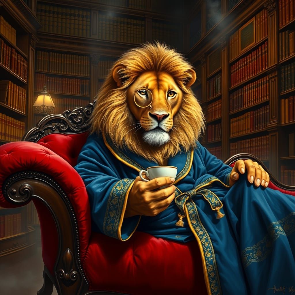 Regal Lion in Victorian Library Luxury