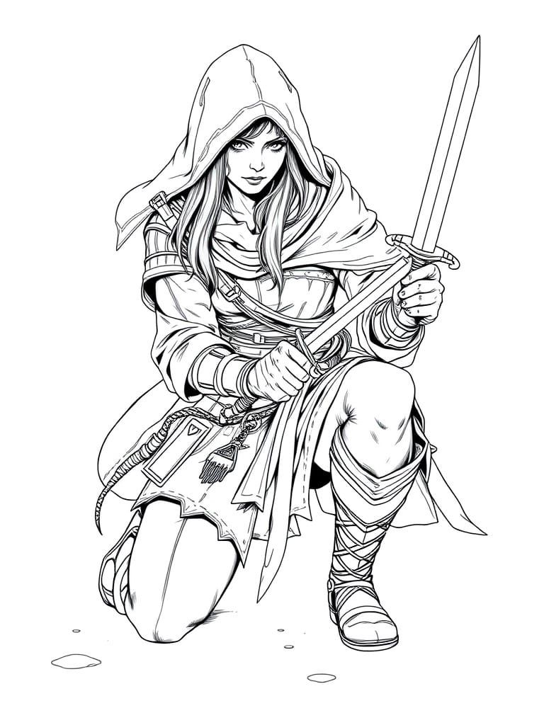 Medieval Fantasy Rogue in Black and White Linear Art