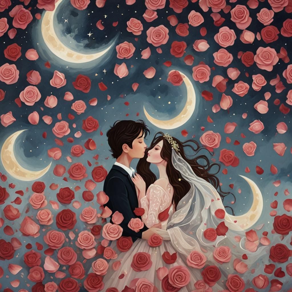 Ethereal Kiss on Rose Petals Under Moonlight