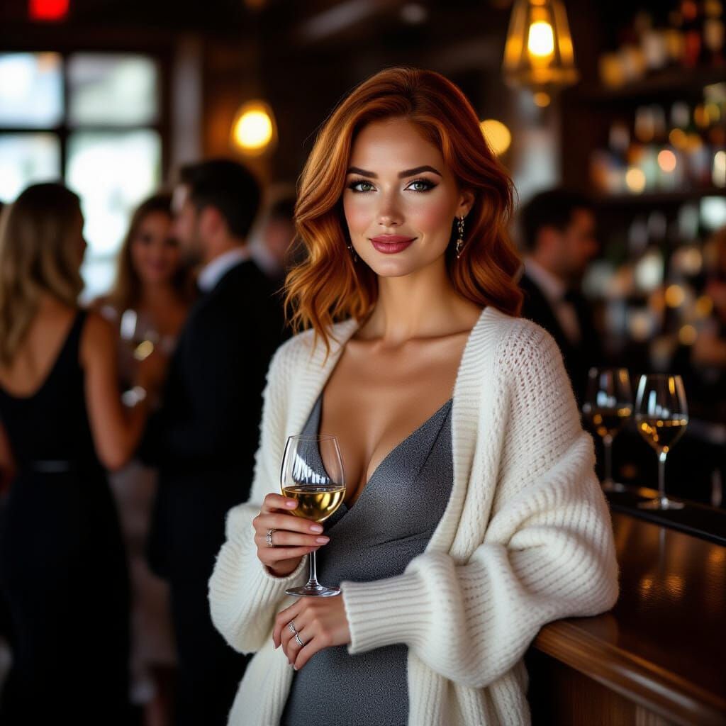 Elegant Auburn Haired Woman at Bar in Photorealistic Style