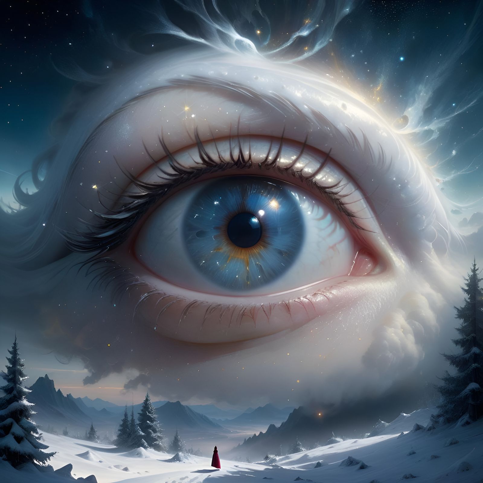 Hyperrealistic Eye in Starry Sky, Digital Illustration