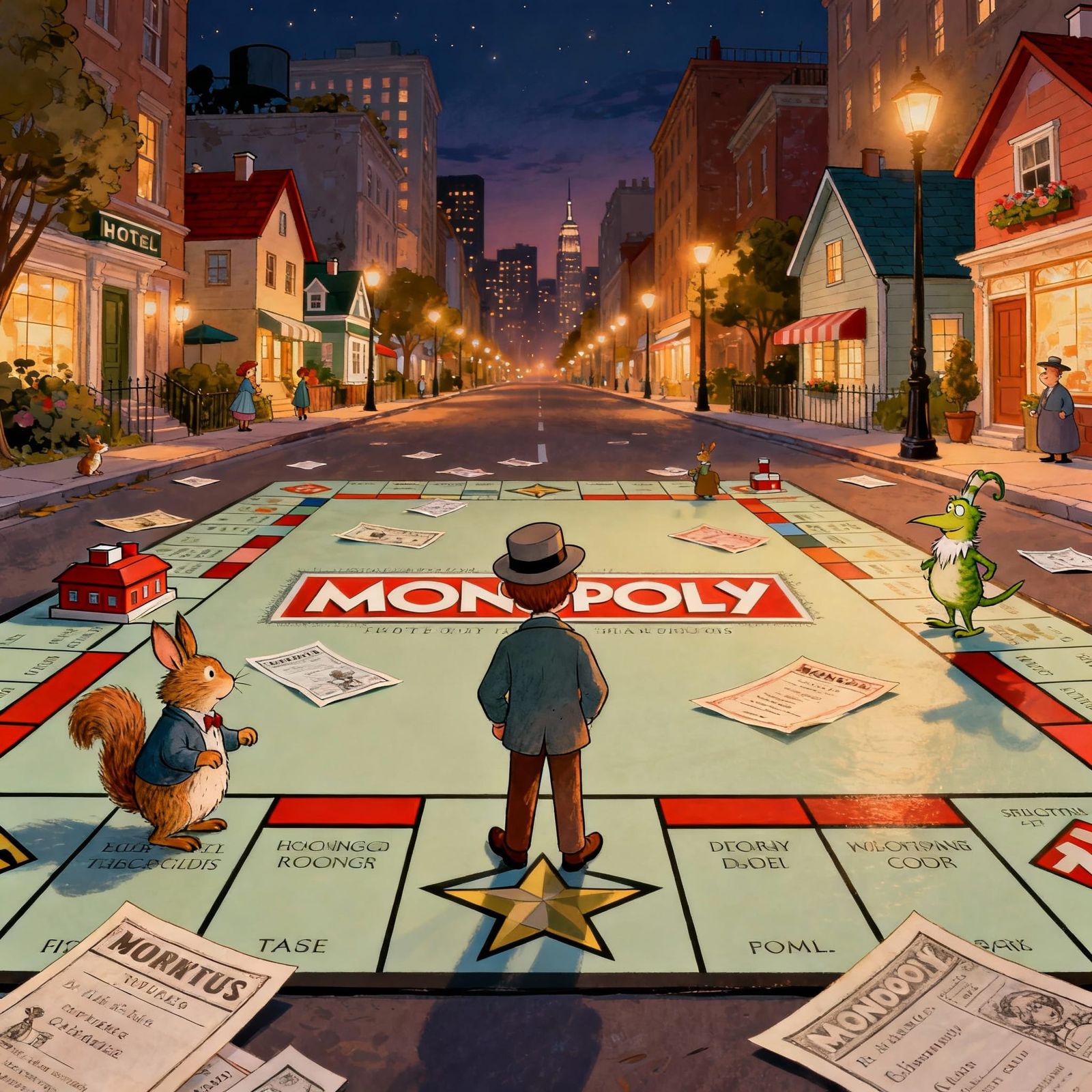 I'm standing on a monopoly board game, looking down the stre...