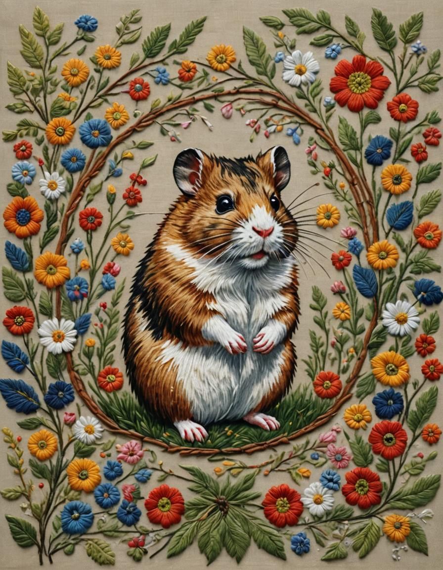 Slavic Folk Art Hamster in Traditional Embroidery Style