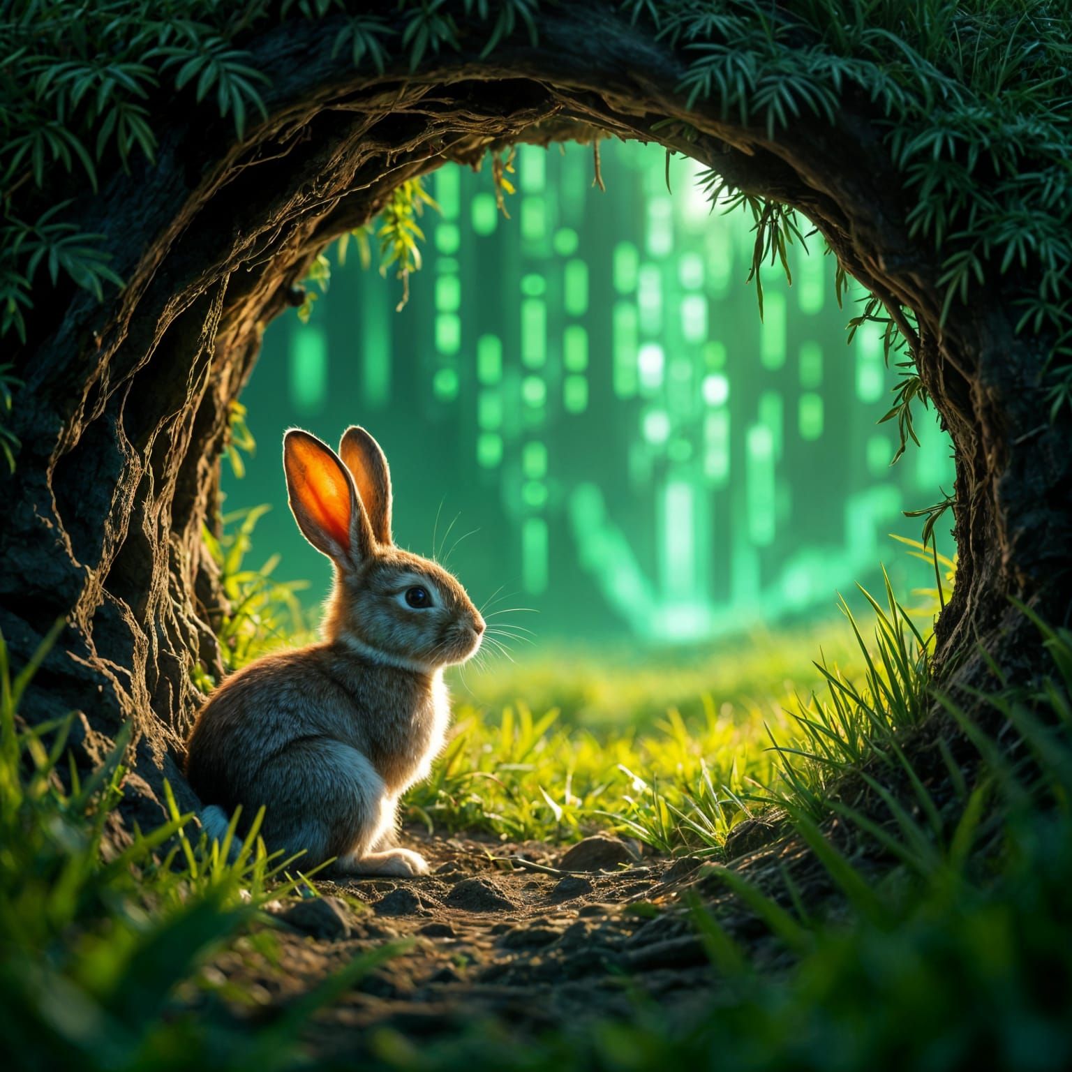Rabbit Hole Opens to Matrix World in Grassy Field
