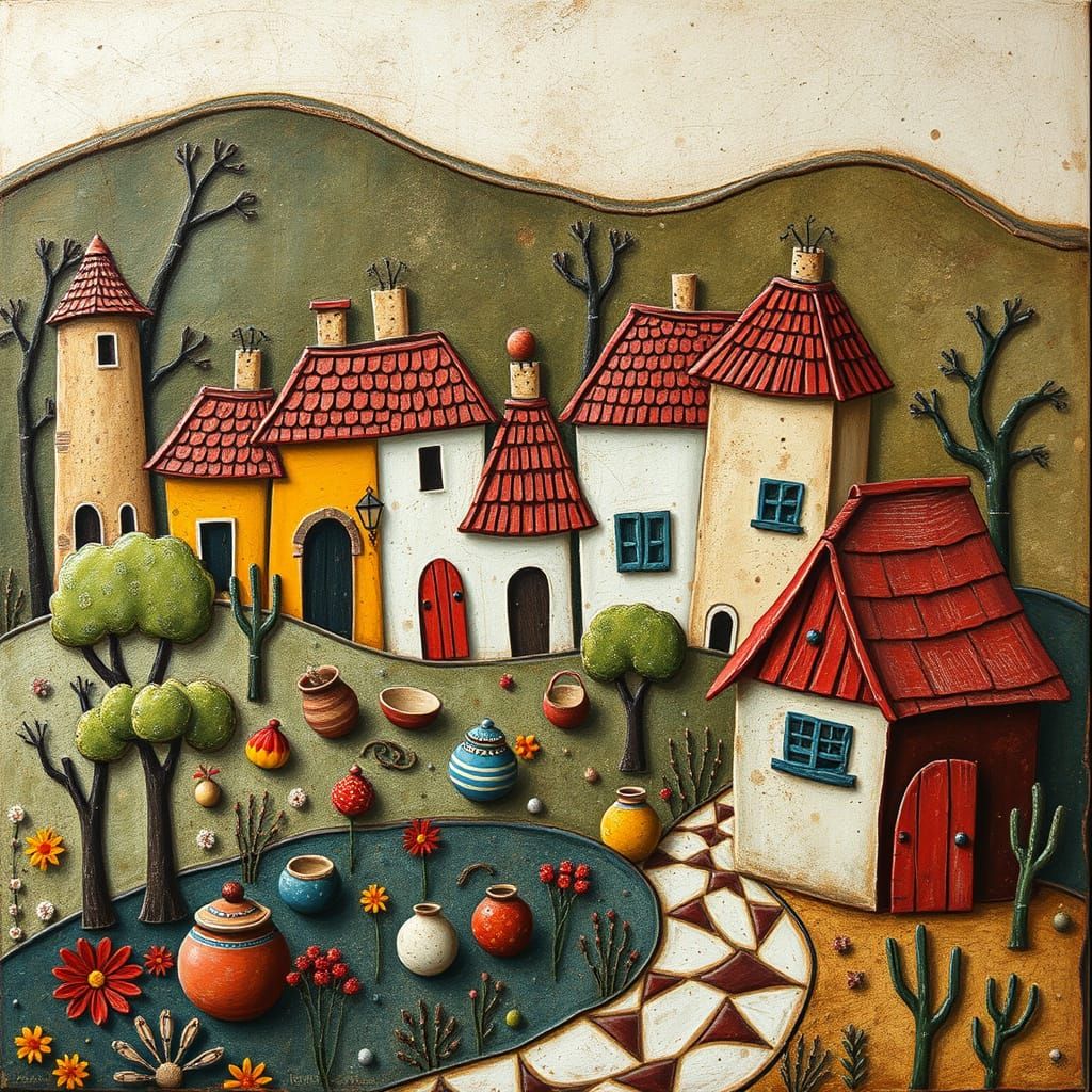 Whimsical Village Scene in Naive Folk Art Style