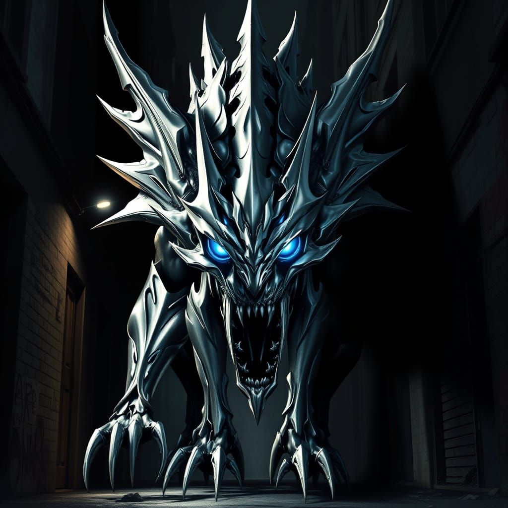 MetalGreymon Emerges from Shadows in Dark Fantasy Style