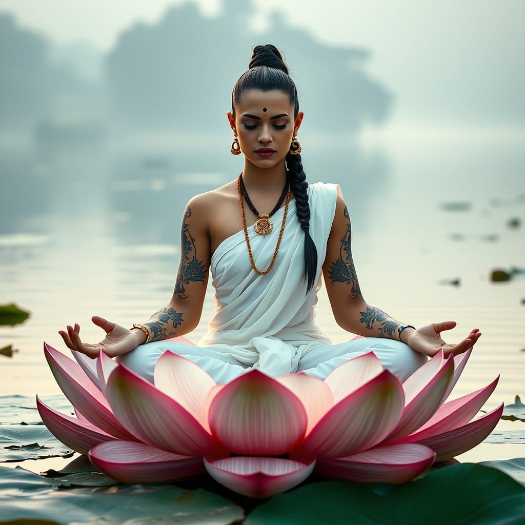 Serene Indian Goddess Meditating on a Lotus Flower