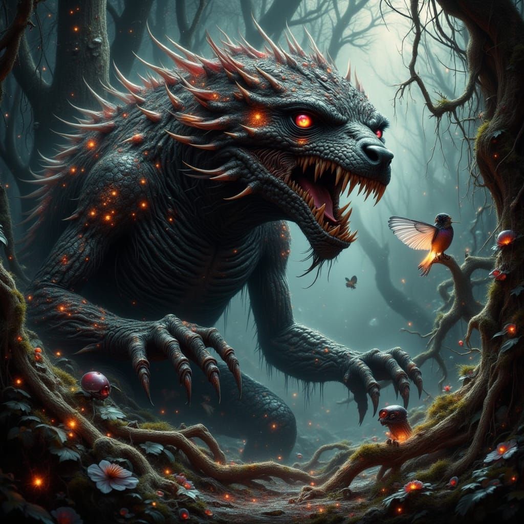 Monstrous Biomechanical Beast in Mystical Forest
