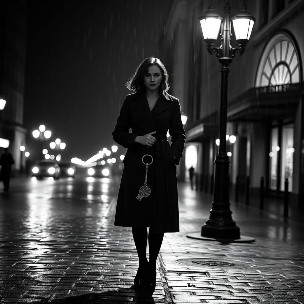 Midnight Mystery: Woman with Glowing Key on Wet Cobblestone ...