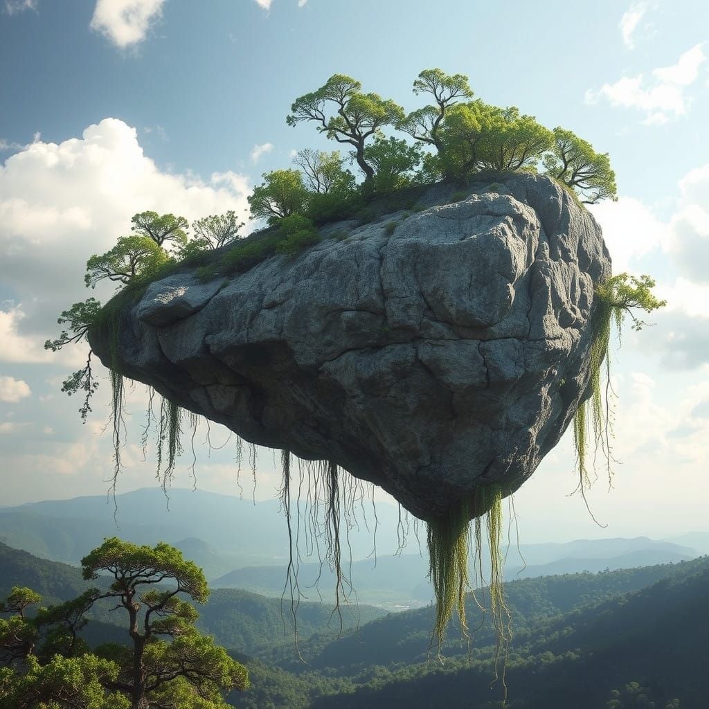 A Realistic Landscape with Levitating Rock and Vines