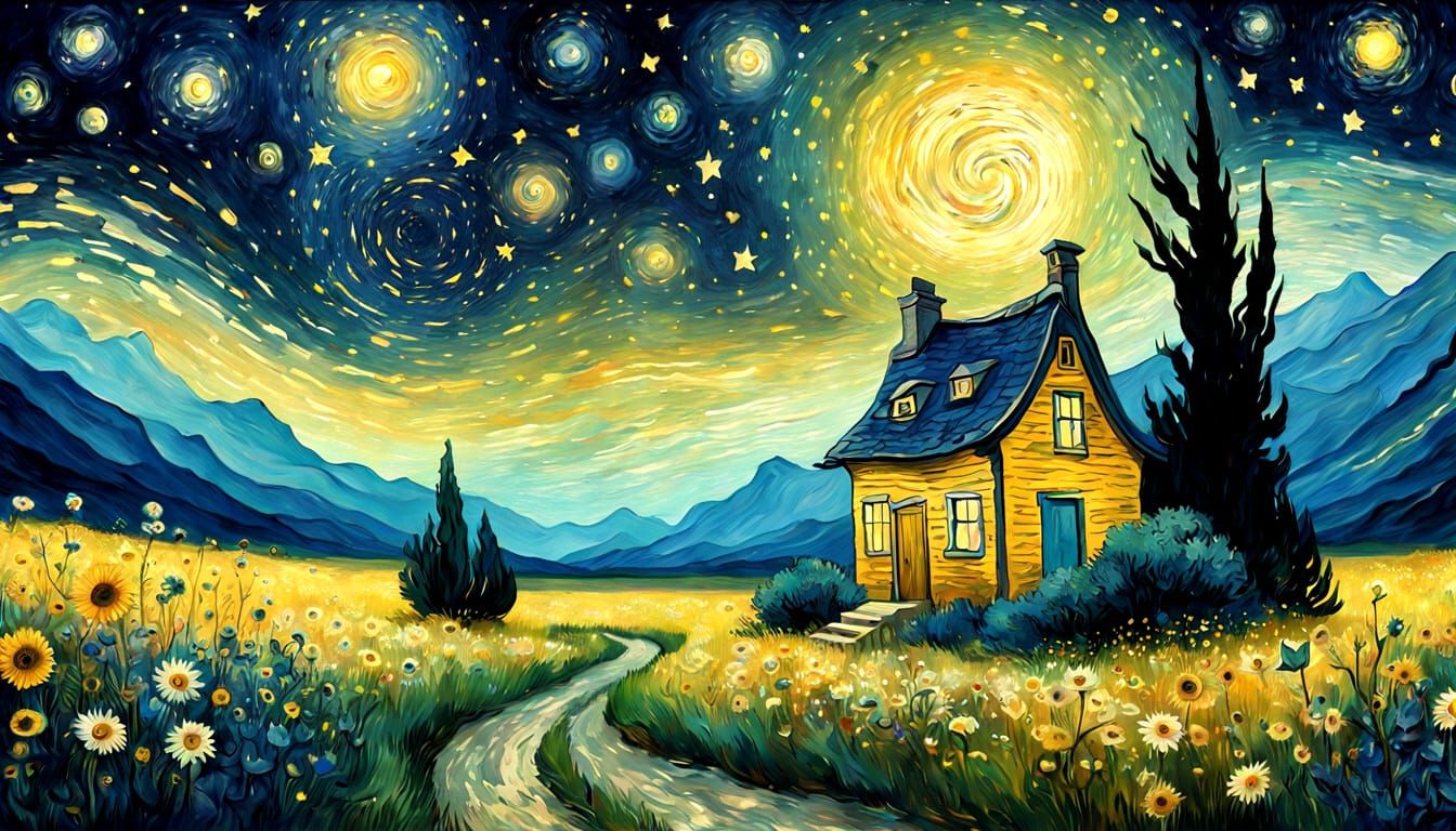 Star Portal Over Whimsical Cottage, Digital Watercolor