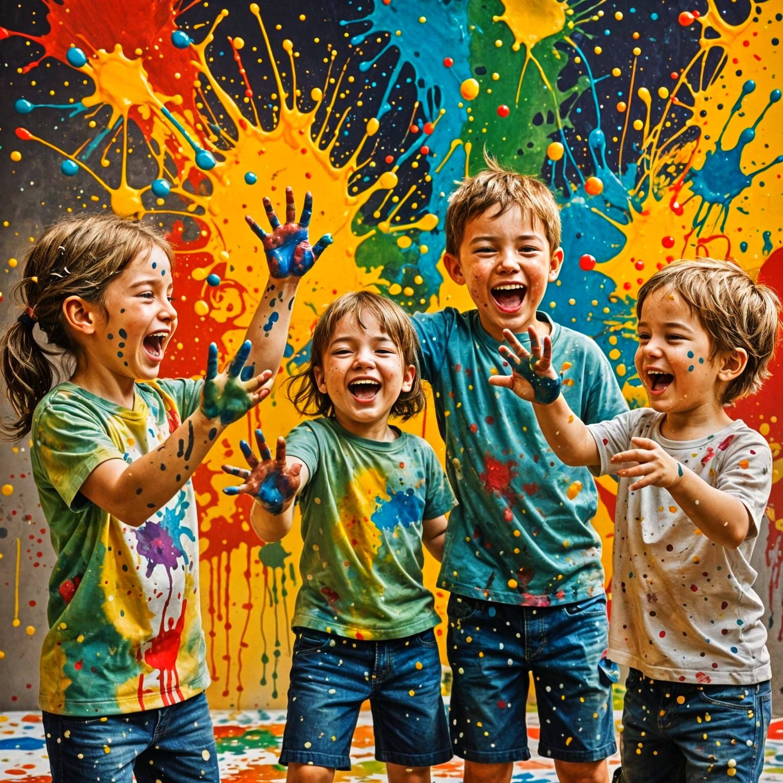 Colorful Ink Splash Art of Children Playing
